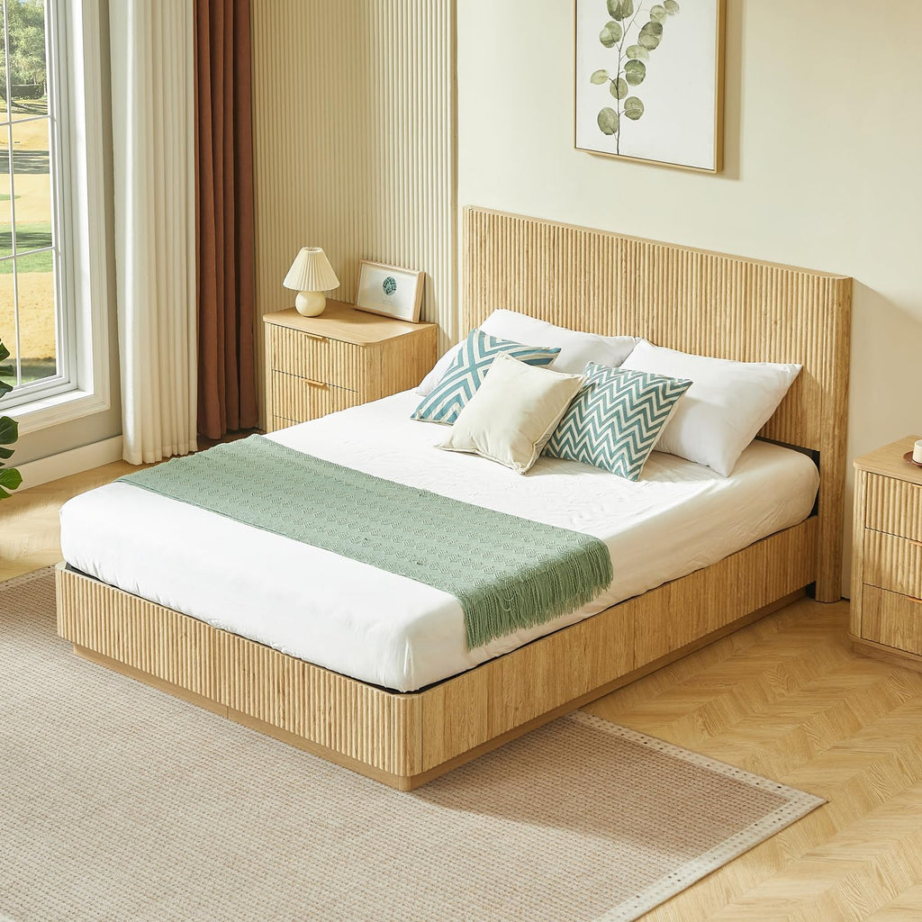 Queen Size Floor Platform Bed Frame with 44.5"h Fluted Headboard, Oak