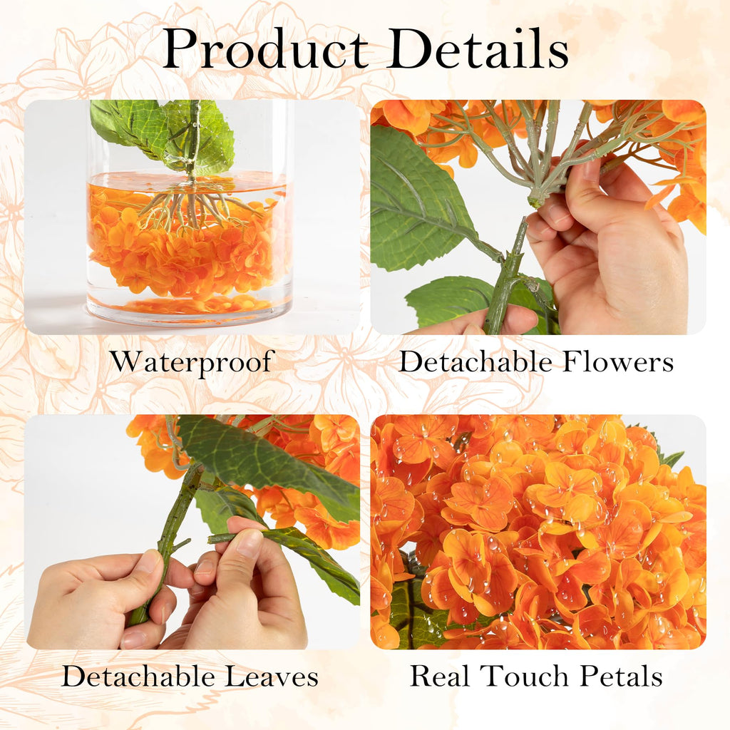 Fall Decor, 3 Pcs Orange Hydrangea Artificial Latex Real Touch Faux Hydrangeas Lifelike Fake Hydrangea for Wedding