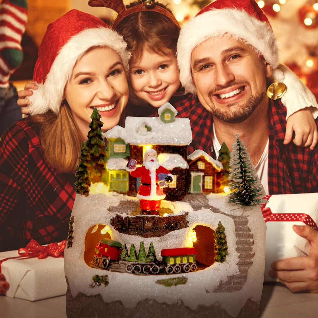 Christmas Decorations Village House Resin Collectible Building Figurines Revolving Train Musical Snow Globe 8 Music