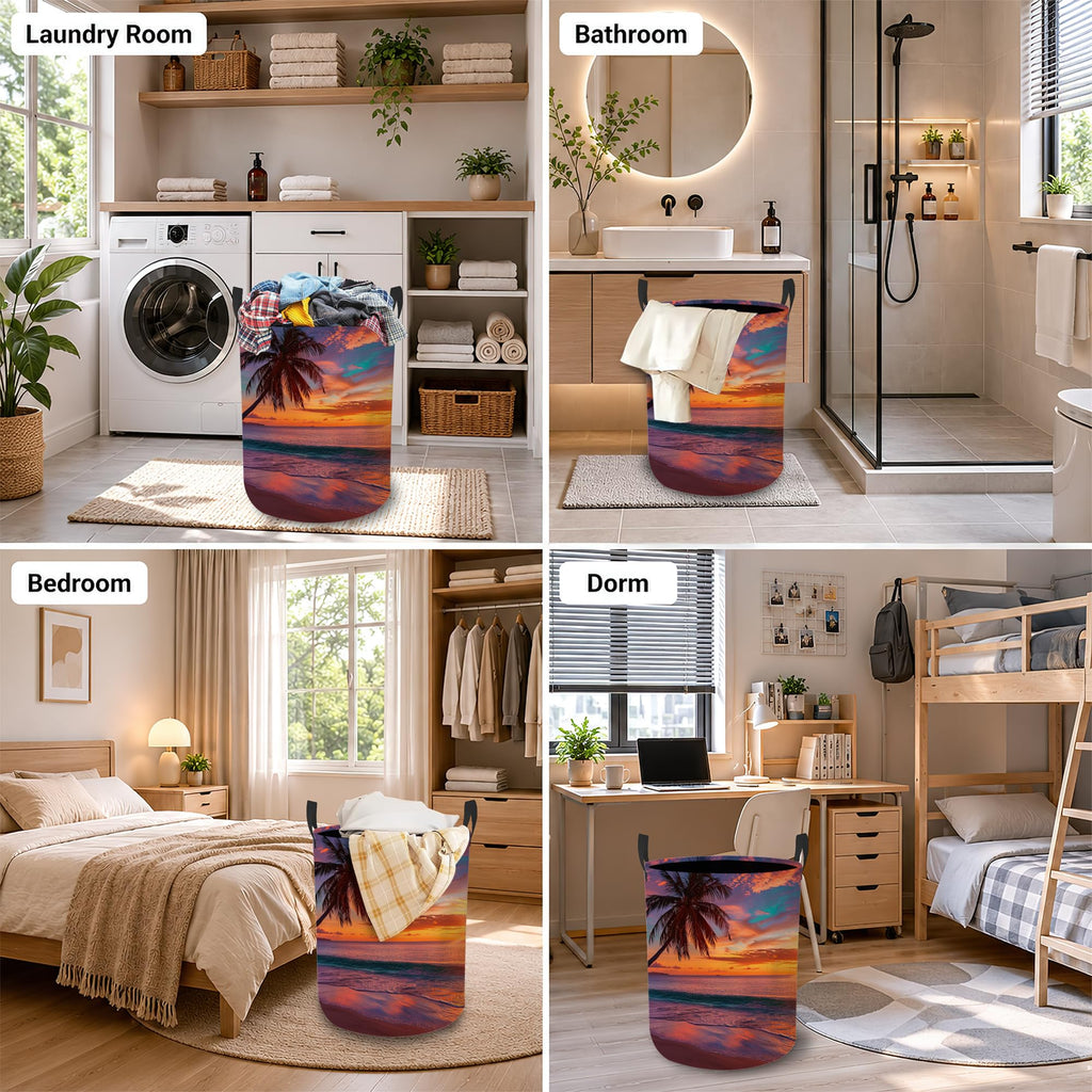 Hamper, Tropical Beach Collapsible Sunset Palm Laundry Baskets Waterproof Oxford Cloth With Handles, Clothes Storage