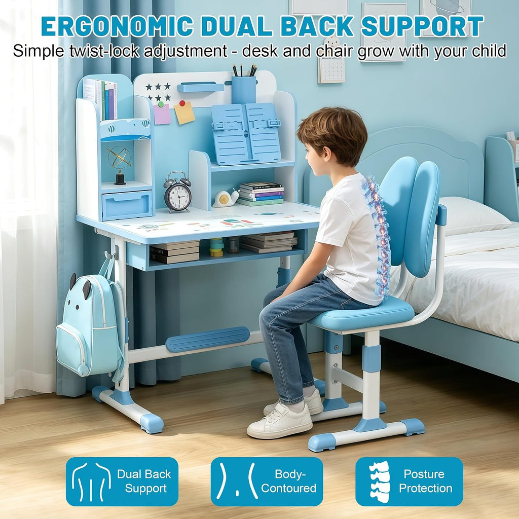 Kids Study Desk and Chair Set, Height Adjustable Kids Table with Drawer