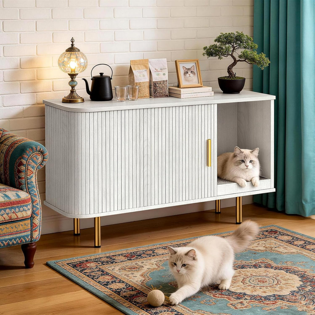 Cat Litter Box Enclosure with Scratch Pad, Sliding Door, 38.5" Cat Litter Furniture Hidden Litter Box Cabinet, Modern