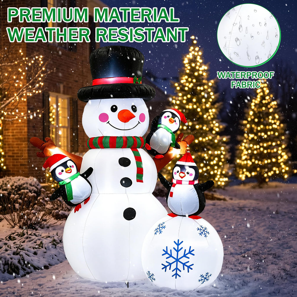 7 FT Christmas Inflatable Snowman with 3 Penguins, Giant Lighted Blow Up Snowman, Outdoor Christmas Yard Decorations