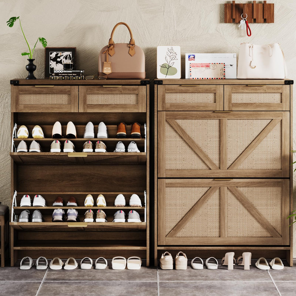 Shoe Cabinet with 2 Flip Drawers & 2 Drawers, Farmhouse Shoe Storage Cabinet, Slim Freestanding Narrow Organizer Rack