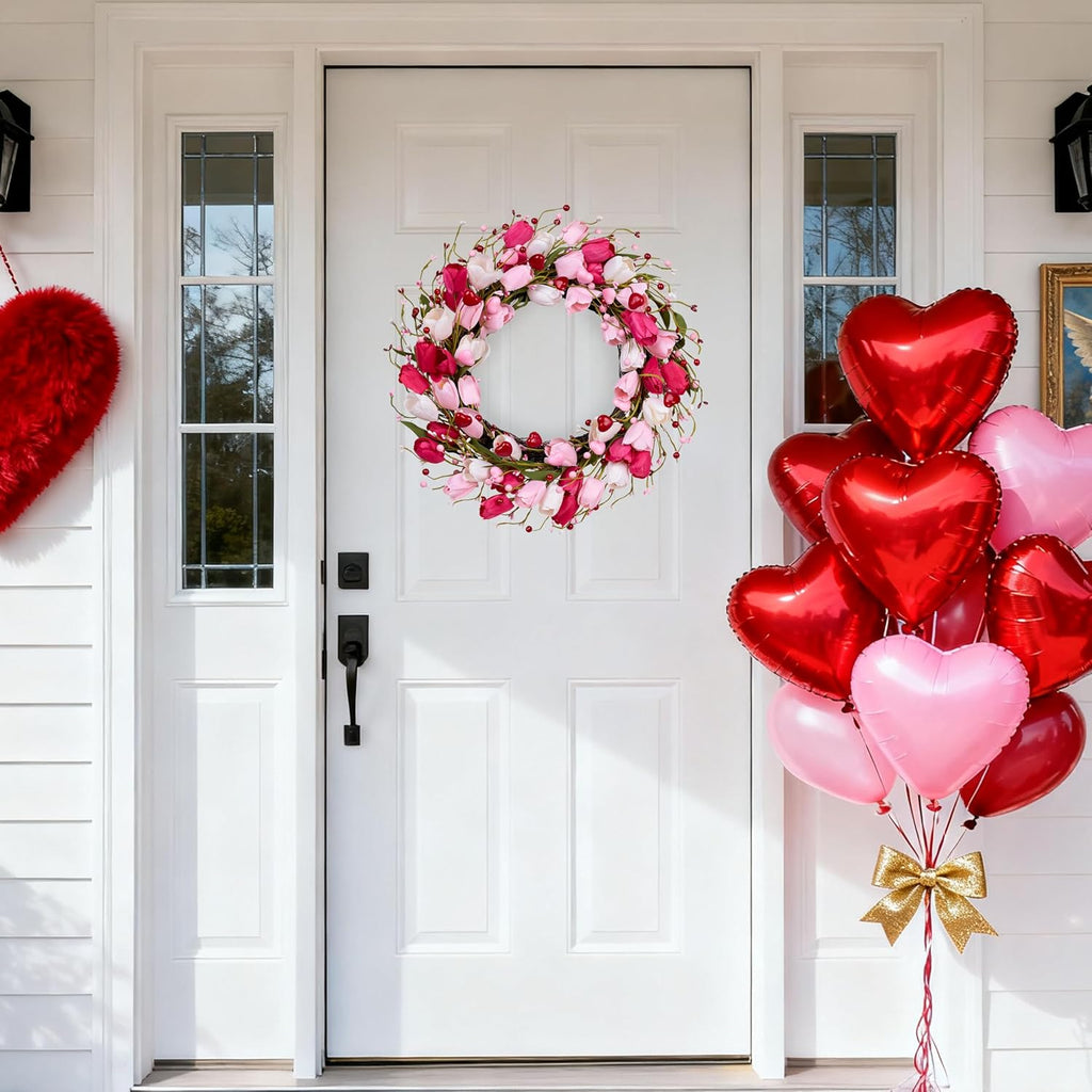 Valentines Day Decorations 20 Inch Valentine's Day Wreath Pink Valentine Wreaths for Front Door with Red Love Heart