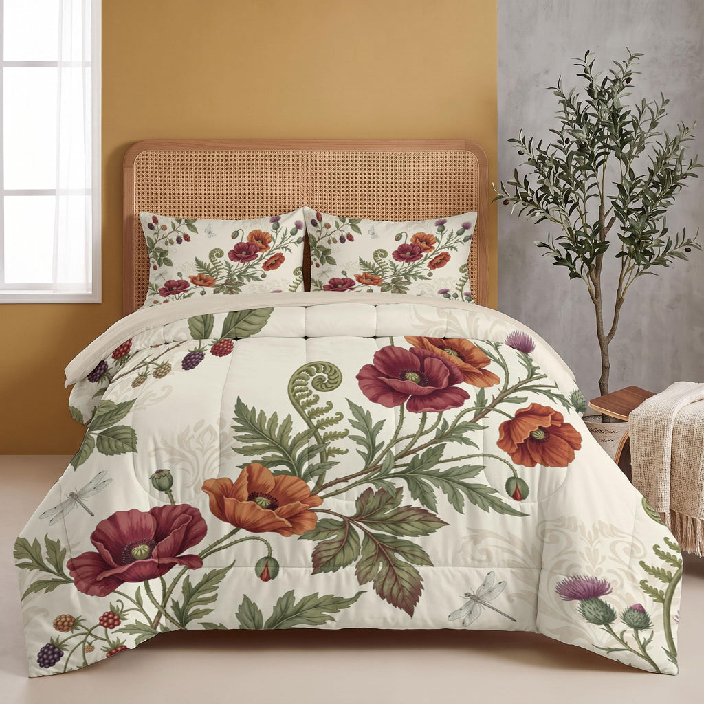 Comforter Set Baroque Floral Brocade Comfortable Microfibre Duvet | Beige Fluffy Bedding Set, Vintage