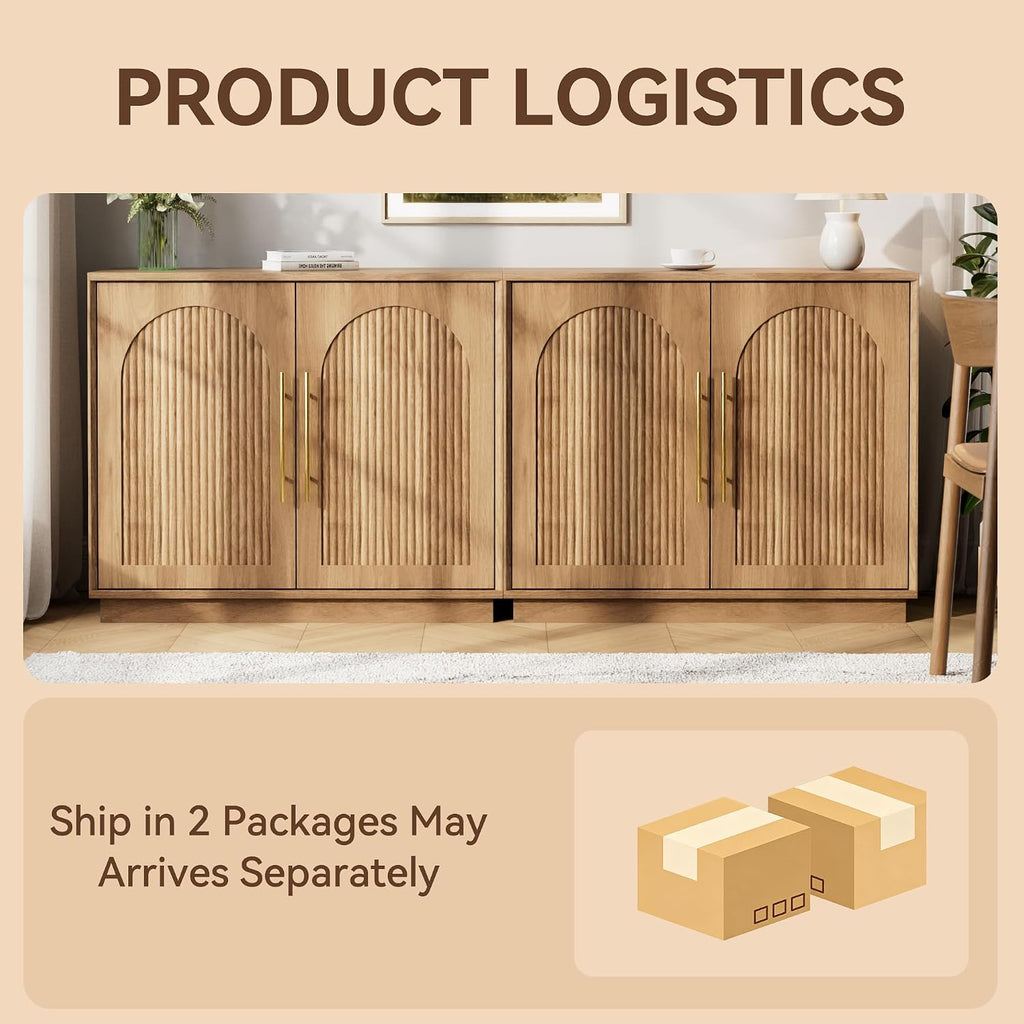 Modern Buffet Cabinet with Storage, 63"Sideboard Cabinet with Fluted Arched Doors & Adjustable Shelves, Wooden