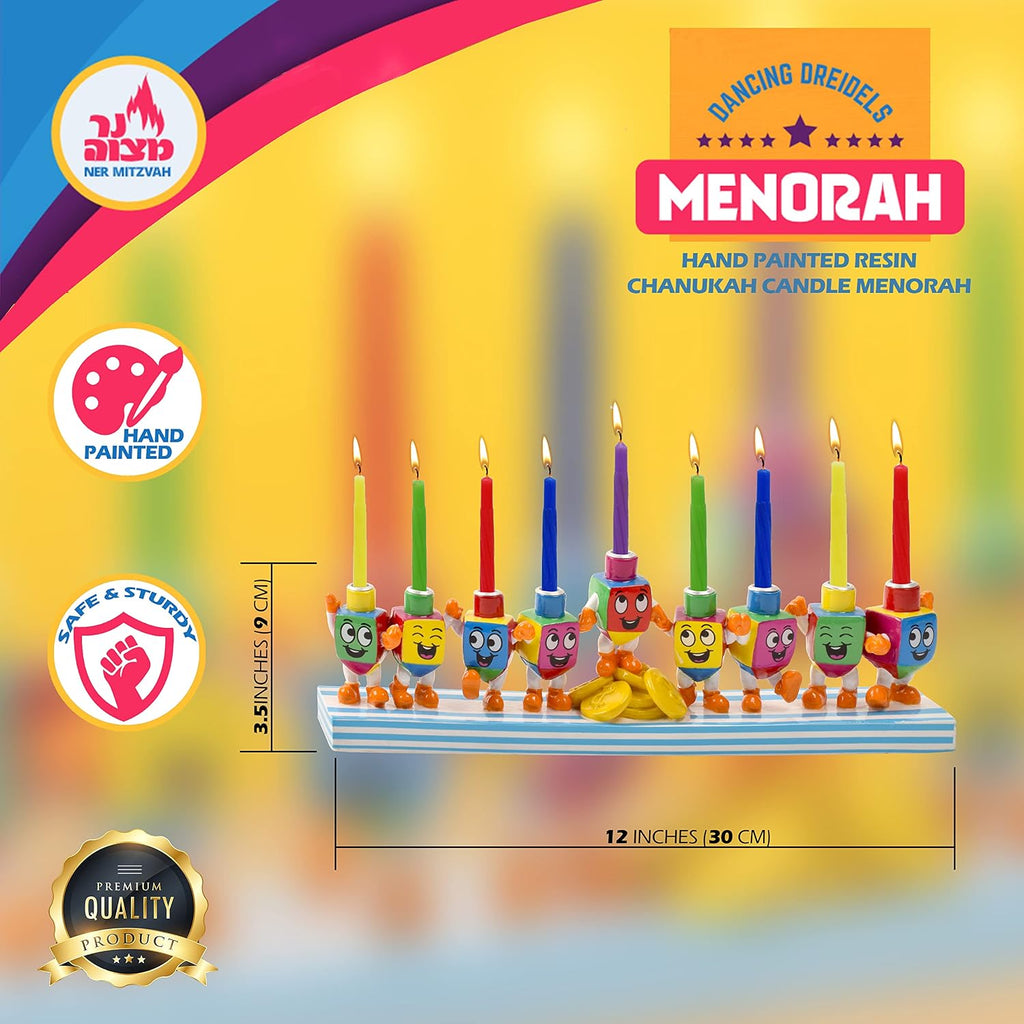 Hand Painted Resin Hanukkah - Theme Menorahs for Chanukah - Dancing Dreidels Chanukah for Kids