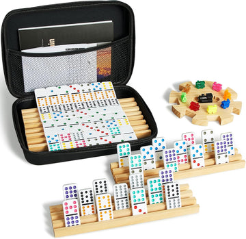 Mexican Train Double 12 Dominoes Set with 4 Wooden Trays/Racks in Portable Carrying Case Colorful 91 Tiles & 9 Trains