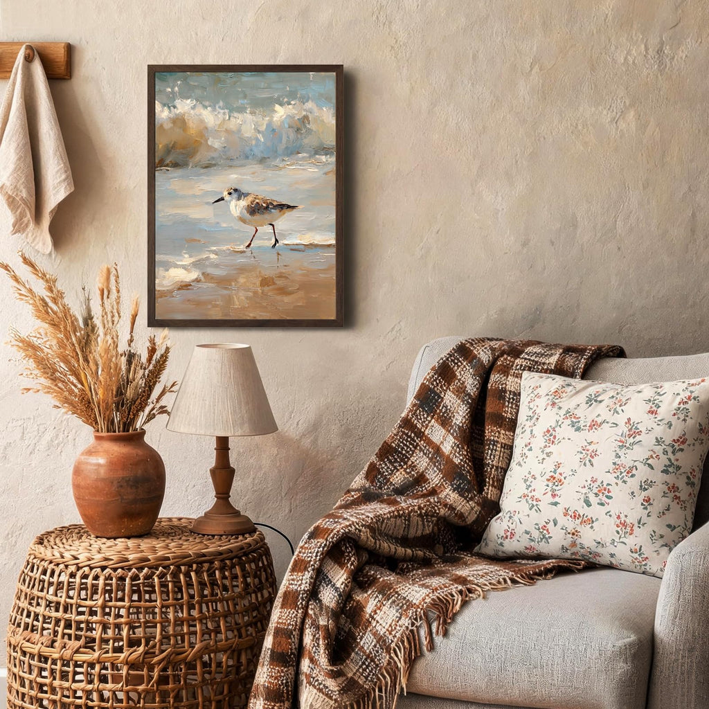 Vintage Framed Coastal Wall Art, Impressionist Sandpiper Bird Canvas Painting, Rustic Beach Ocean Wall Decor Bedroom