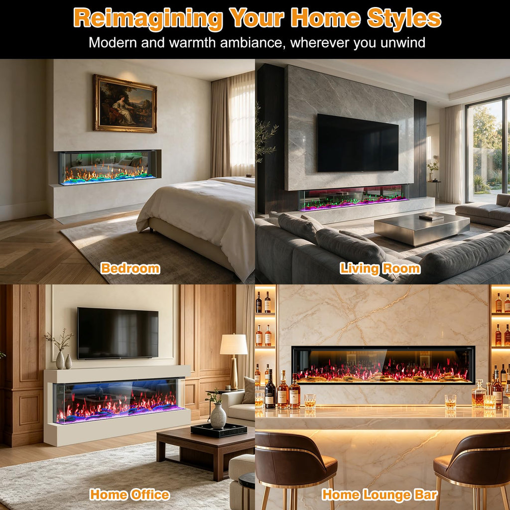 3-Sided Smart 80" 3D Mirrored Electric Fireplace Build in Heater