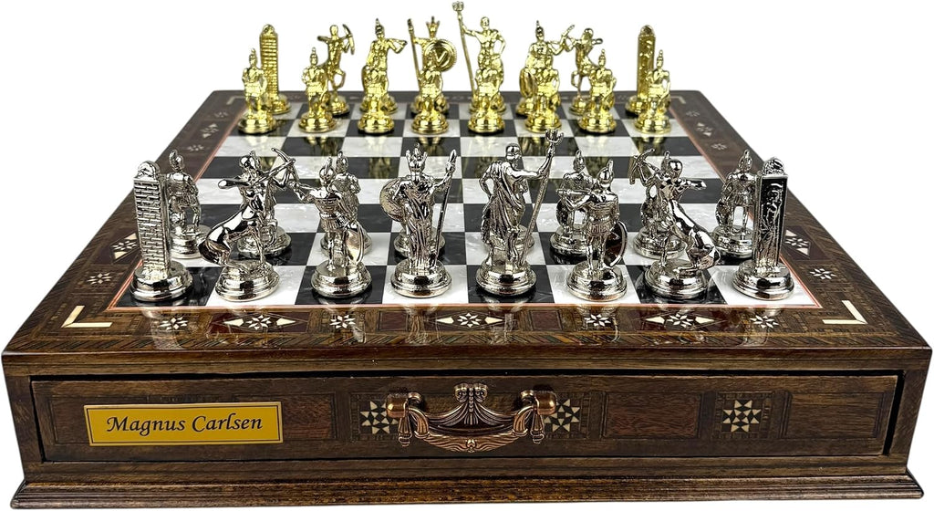 Greek Mythology Chess Set with Drawer Storage- Handmade Mosaic Wooden Chessboard- Metal Chess Pieces with Felt Base