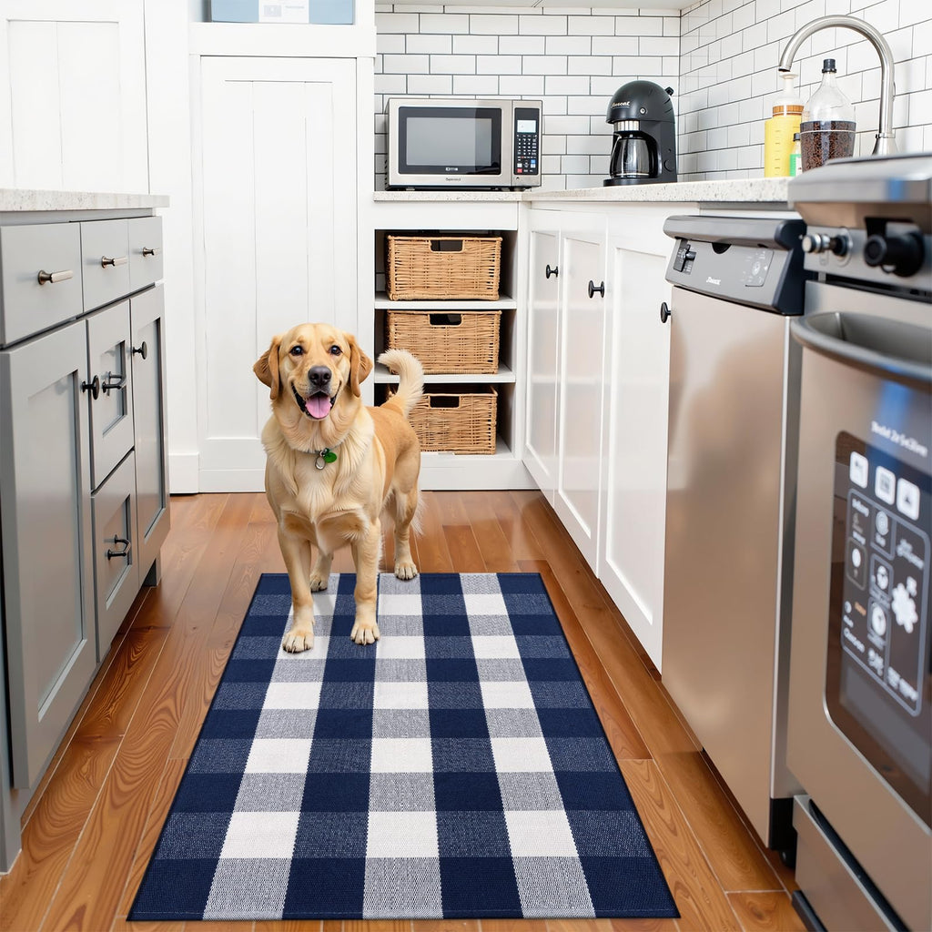 Fall Door Mat, Buffalo Plaid Rug, Navy White Checkered, 2'4" x 3'7"