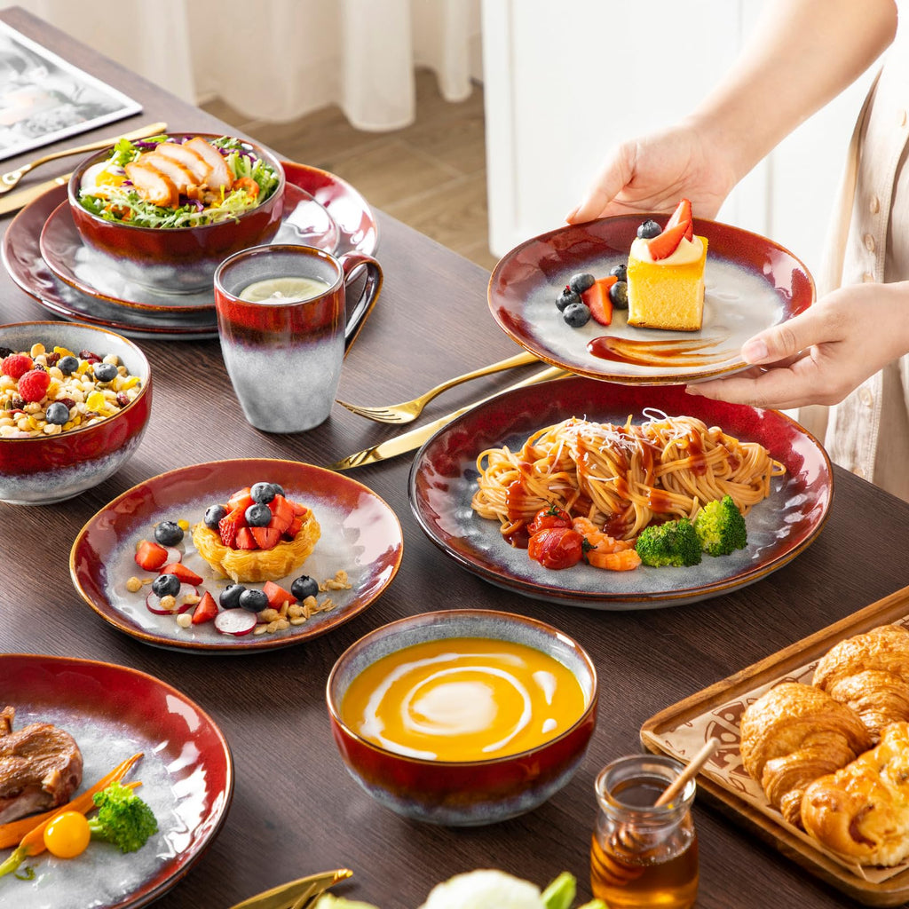 Starry 16 Pcs Dinnerware Set for 4, Handmade Reactive Glaze, Red