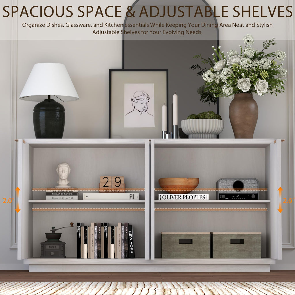 59"W Sideboard Buffet Cabinet with 3D Geometric Doors, White Oak