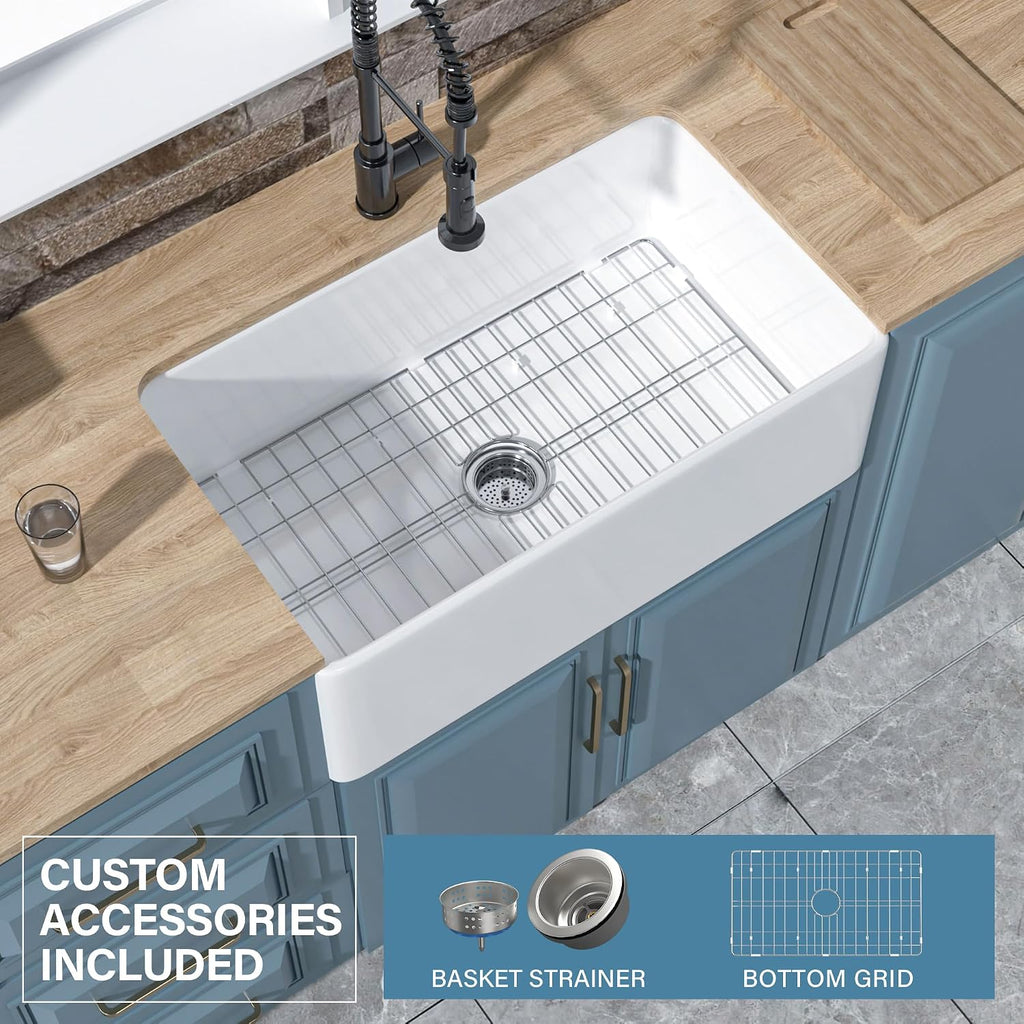 30" x 18" Fireclay Apron Front Farmhouse Sink White | Single bowl farm style, Easy to clean, Resistant to stains
