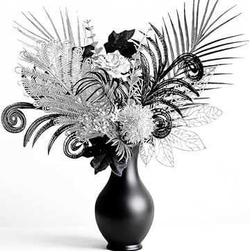 Luxurious Black Silver Artificial Flowers,17-Inch Modern Gothic Bouquet - Set of 13