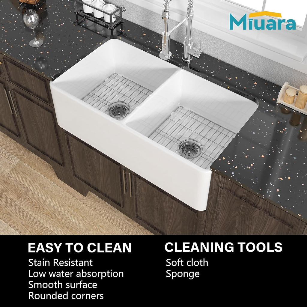 Double Bowl Farmhouse Sink 33" x 18" White Apron Front Kitchen Sink | , Large dual bowl 50/50, Heavy duty fireclay