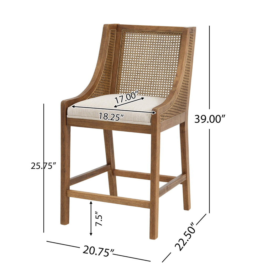 25.5" Fabric Upholstered Wood and Cane Counter Stools with Backrest