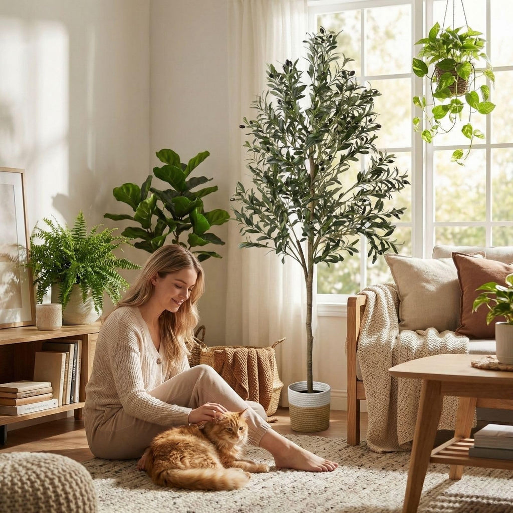 Artificial Olive Tree, 6ft Faux Tree with Woven Basket Decor