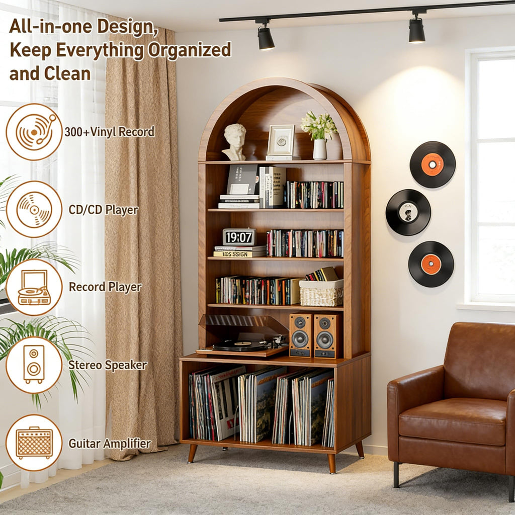 Arched Large Record Player Stand, Holds Up 350+ Albums, 31.5''W