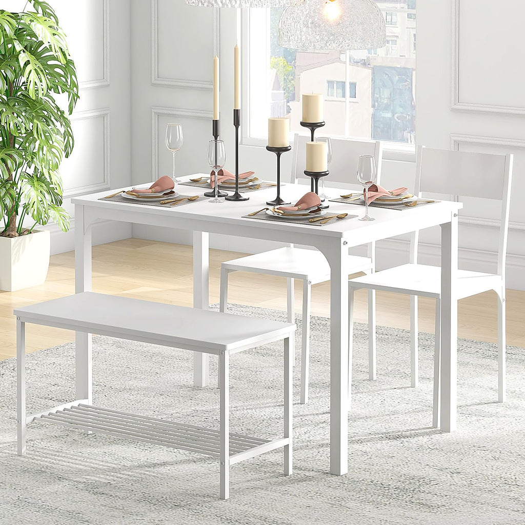 4 Person Dining Table Set, Dining Table with 2 Chairs and 1 Bench, Rectangular Space-Saving Dinner Table with Two