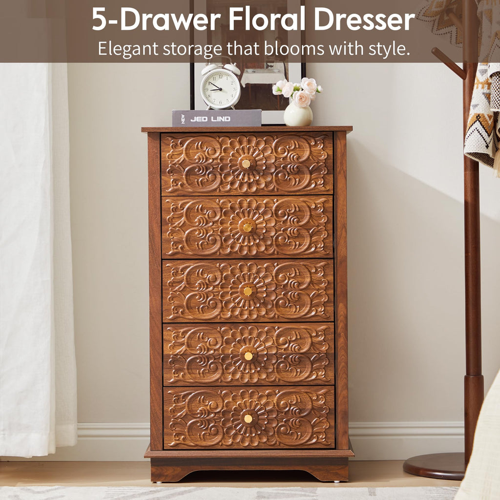 5 Drawer Dresser, 20"W Narrow Chest of Drawers, Walnut Floral