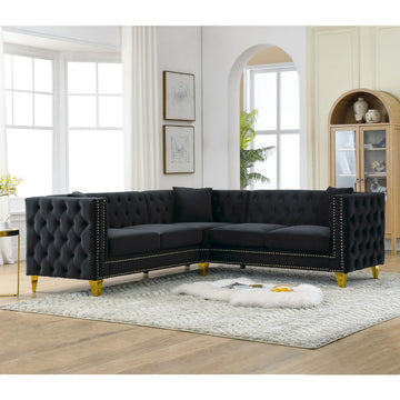 82.2" Tufted Velvet Corner Sofa, 5 Seat Couch, L-Shaped Sectional Couch, Buttons Tufted Square Arm Couch Apartment