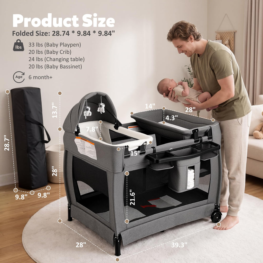 4 in 1 Foldable Play Yard with Bassinet & Changing Table