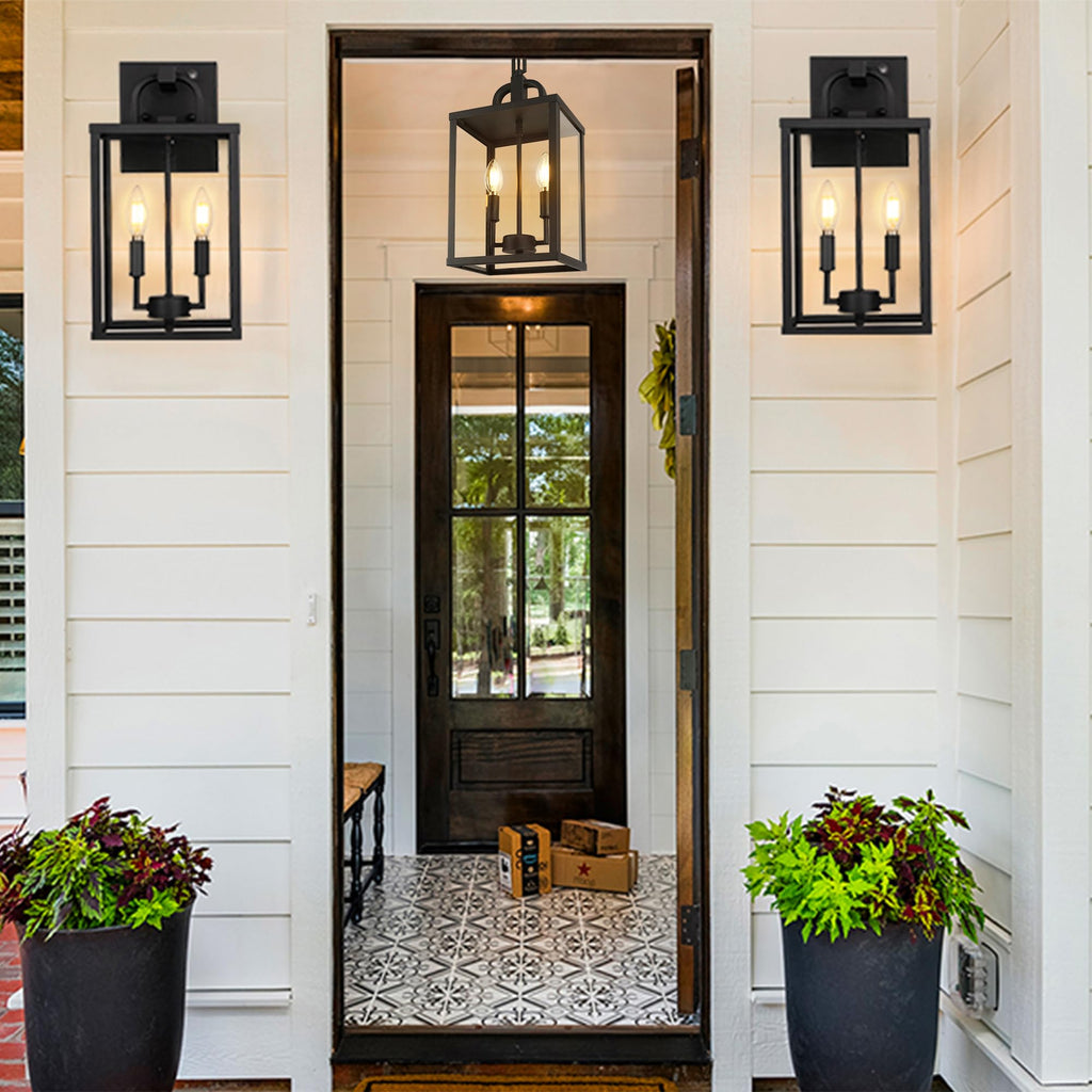 Large Outdoor Indoor Pendant Light 2-Light, Modern Black Metal Outside Chandelier Exterior Hanging Fixture Ceiling