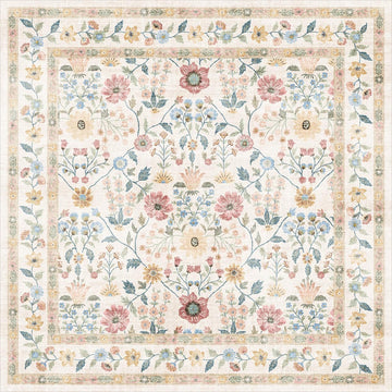 Vintage Floral Area Rug 4x4, Antique Inspired 4' x 4' Square Rug with Ornate Botanical Pattern, Distressed