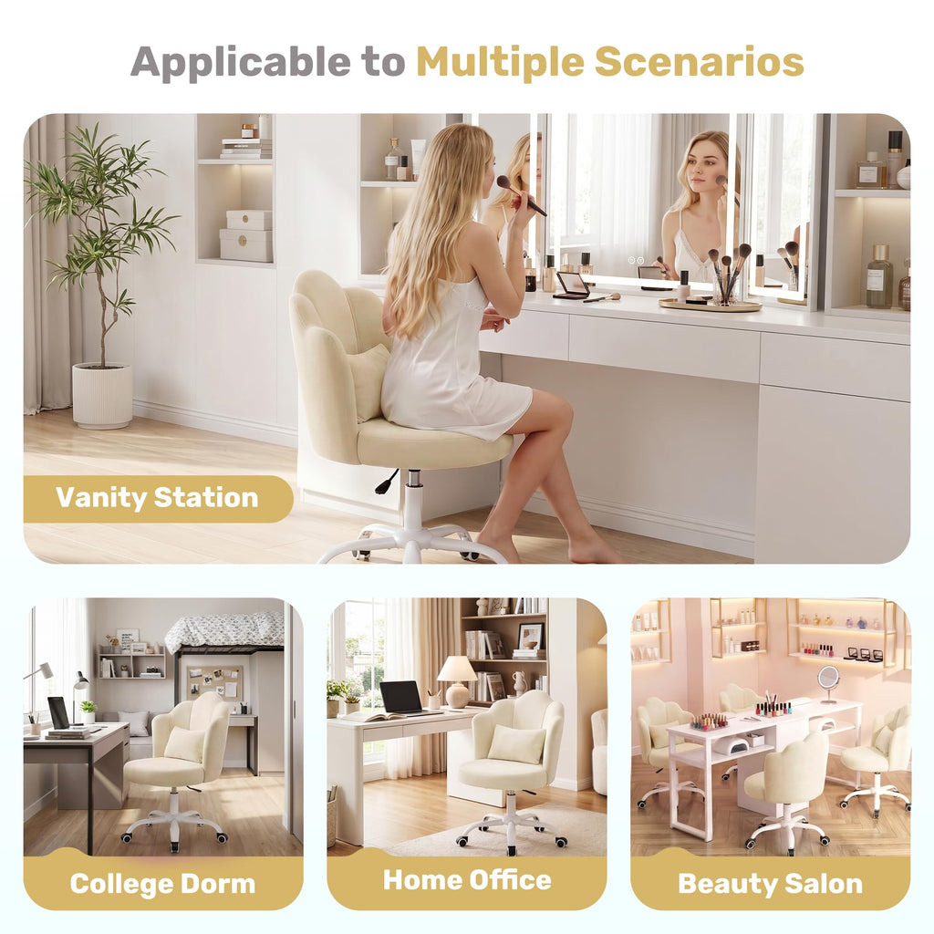 Oatmeal Vanity Chair with Wheels, Petal Velvet Armless Desk Chair