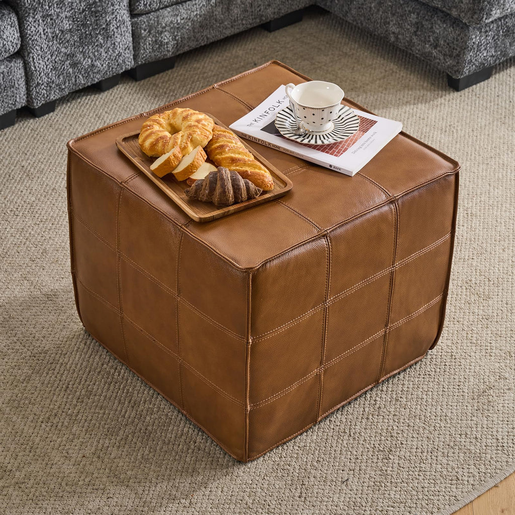 Square Genuine Leather Pouf Ottoman, No-Assembly Modern Footrest (Tan)