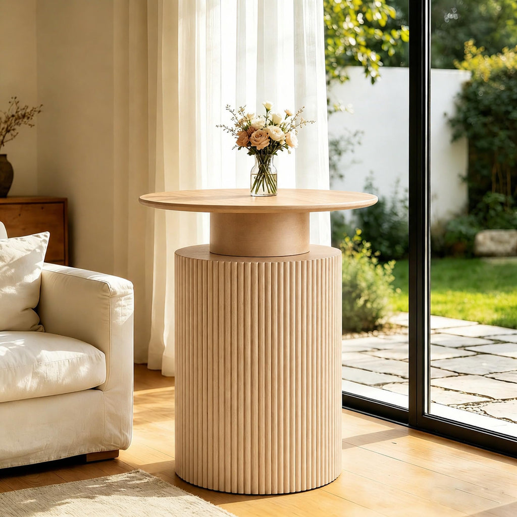 24" Fluted End Table Reversible, Hidden Storage, Natural Oak