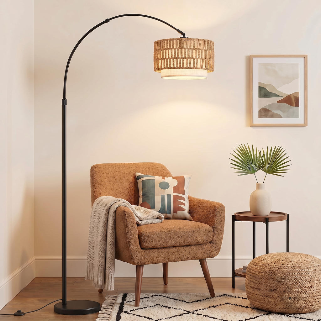 Arc Floor Lamp with 12W Bulb, 61.5"-71.5" Height Adjustable Rattan Floor Lamps with 3 Color Temps, Farmhouse Arched