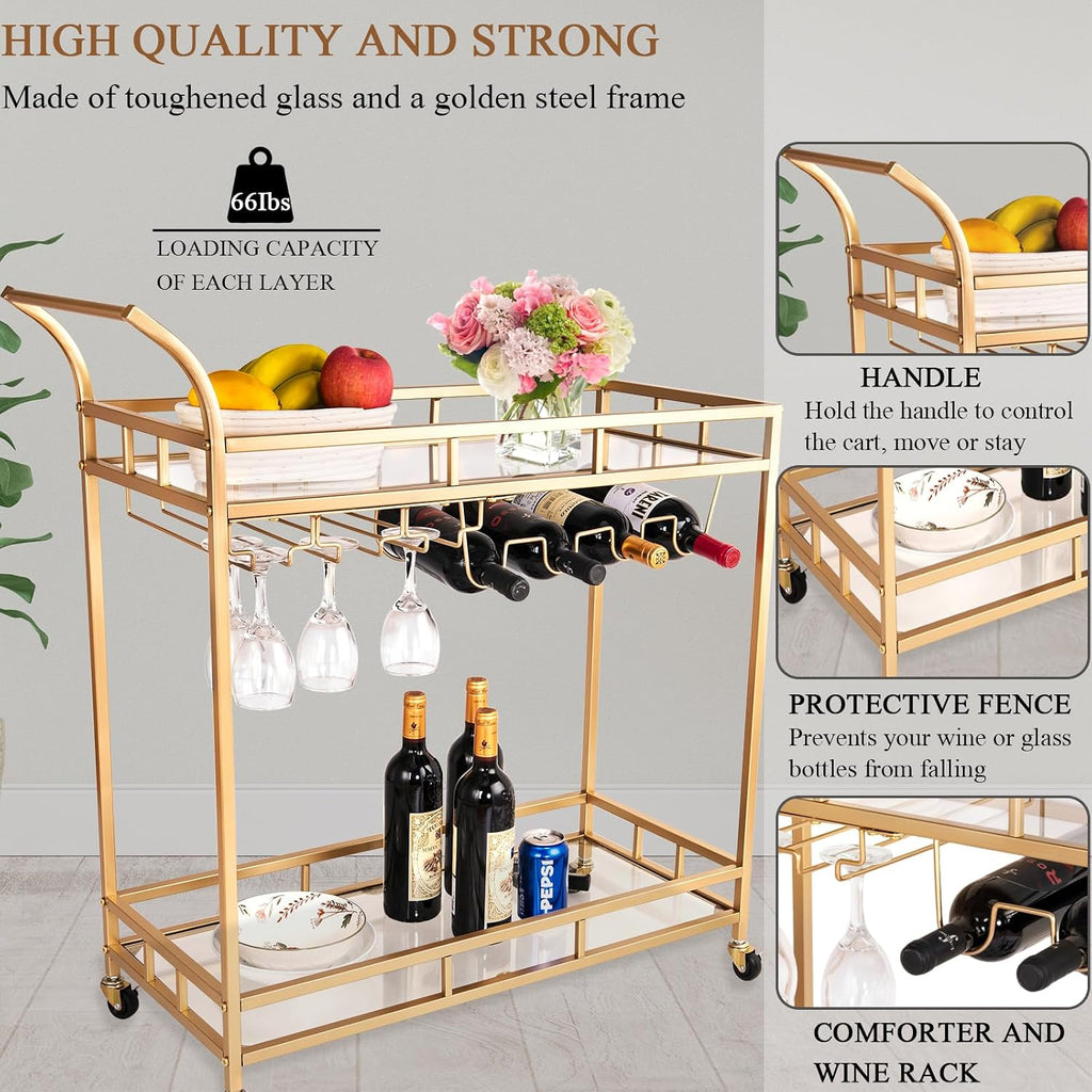 Gold Bar Cart, Gold Bar Cart with Wheels, Home Bar & Serving Carts with 2 Mirrored Shelves, Bar Carts for The Home