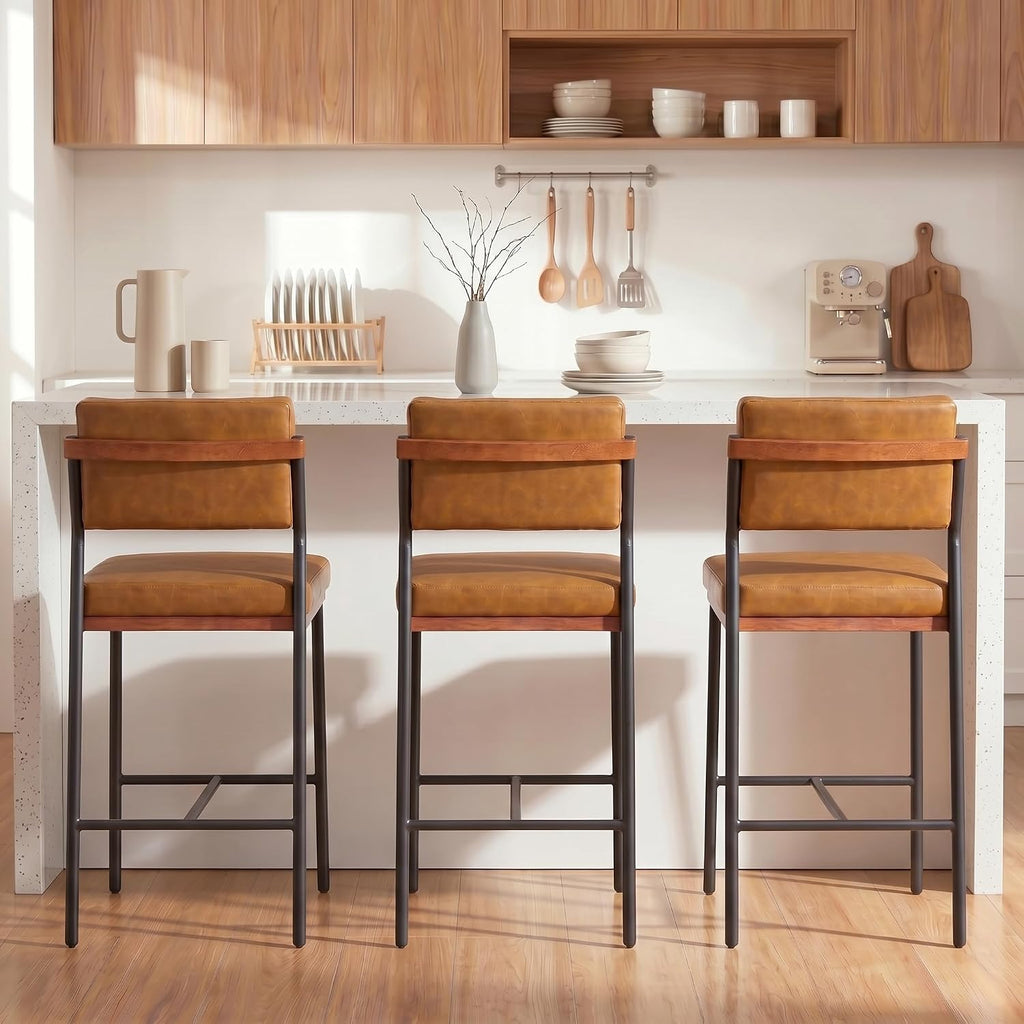 Faux Leather Bar Stools Set of 3,26 Inch Modern Counter Height Bar Stools Island,Counter Stools with Wide Back Sturdy