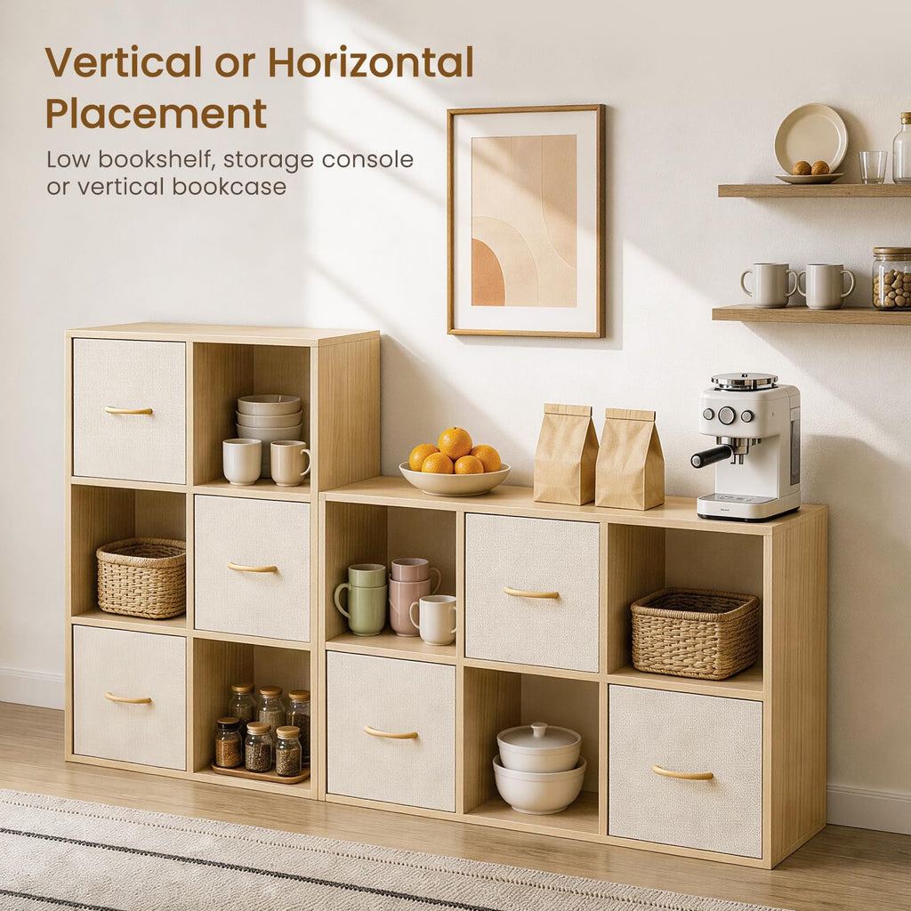 6 Cube Storage Organizer - Solid Wood Bookshelf with 3 Storage Bins, Cube Shelf with 2 Removable Back Panels
