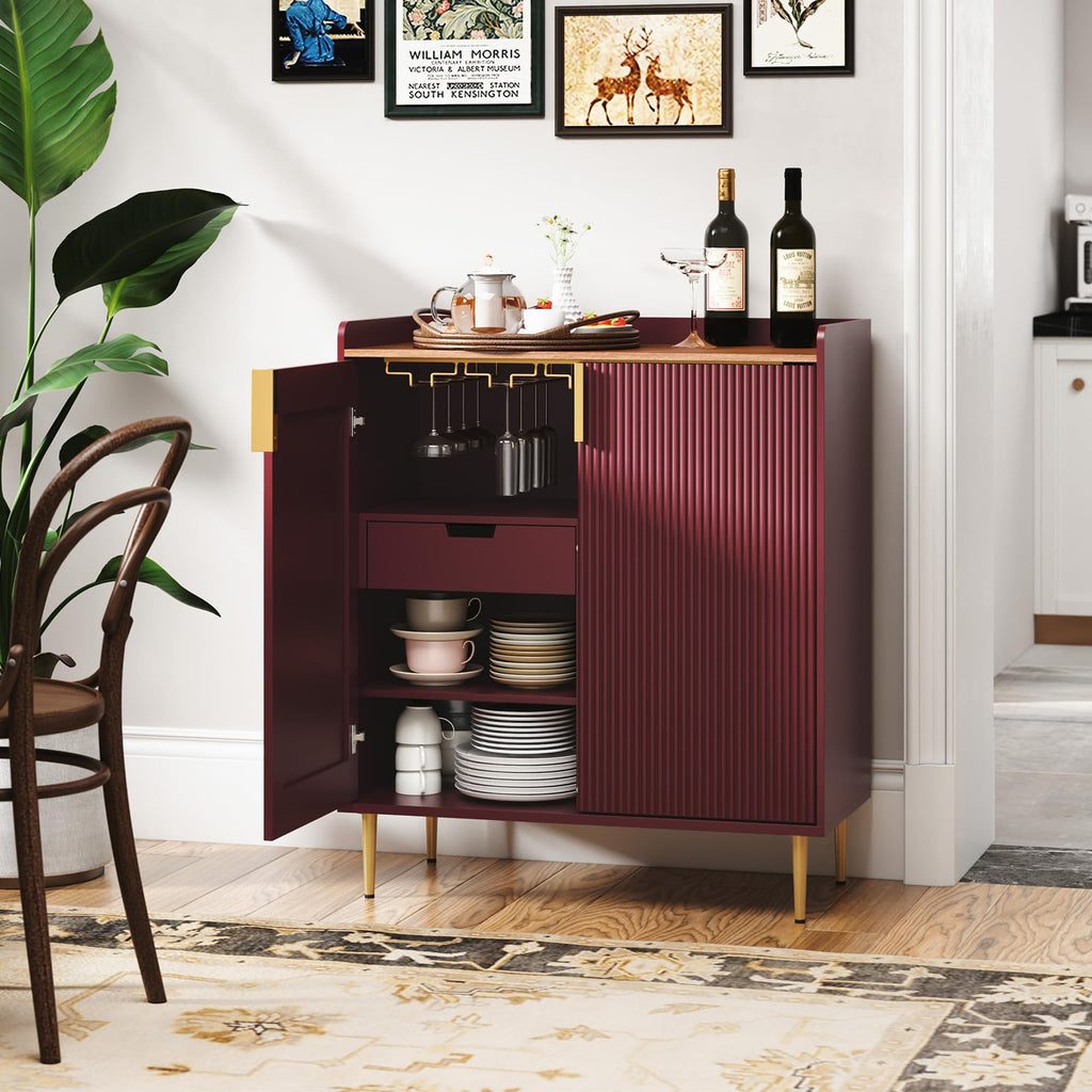 Coffee Bar Cabinet with Wine Rack&Glass Holder, Red