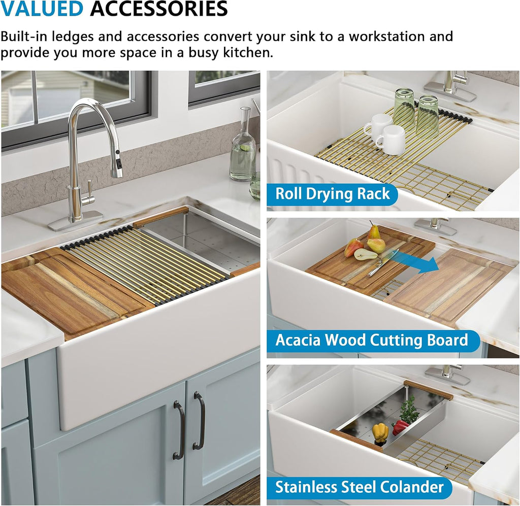 30 White Farm Sink Workstation - 30 Inch Farmhouse Kitchen Sink Workstation with Slide Ledge Apron Front Reversible