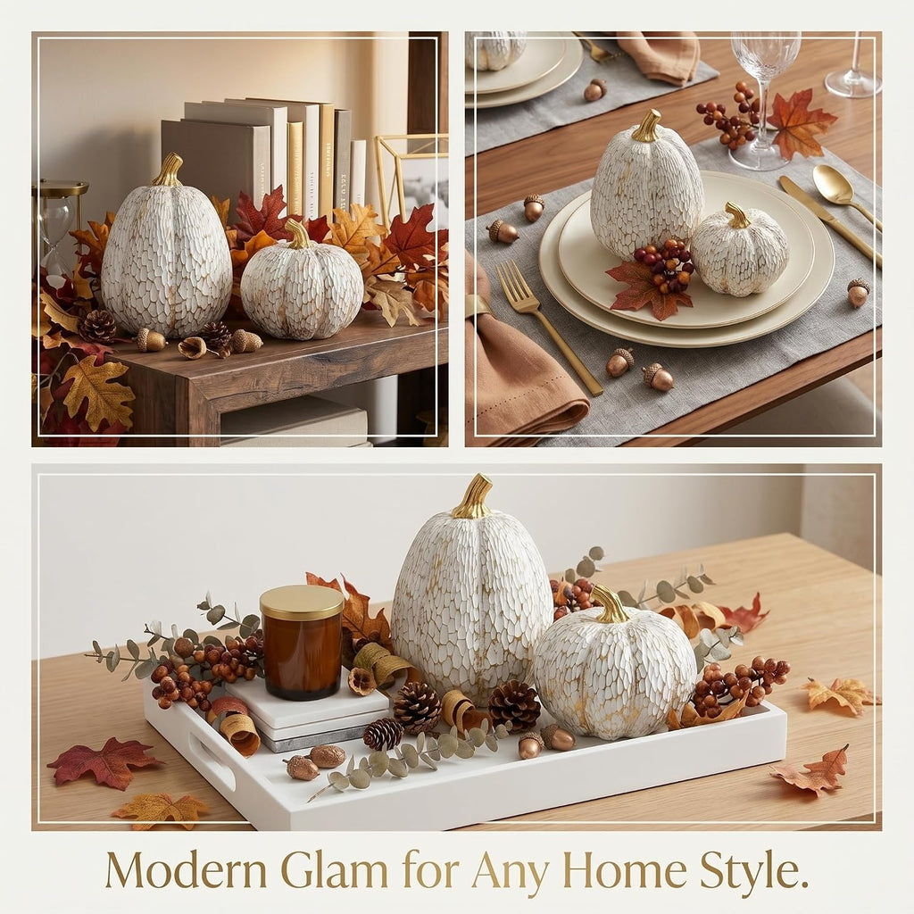 White and Gold Fall Pumpkin Decor, Small Decorative Thanksgiving Pumpkins - Set of 2