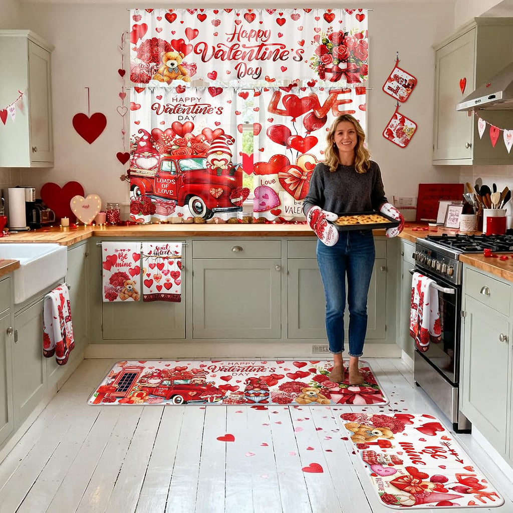 Valentine's Day Kitchen Sets with Kitchen Towels Non Slip Mats Curtains Valance Pot Holders Oven Mitts Red - Set of 13