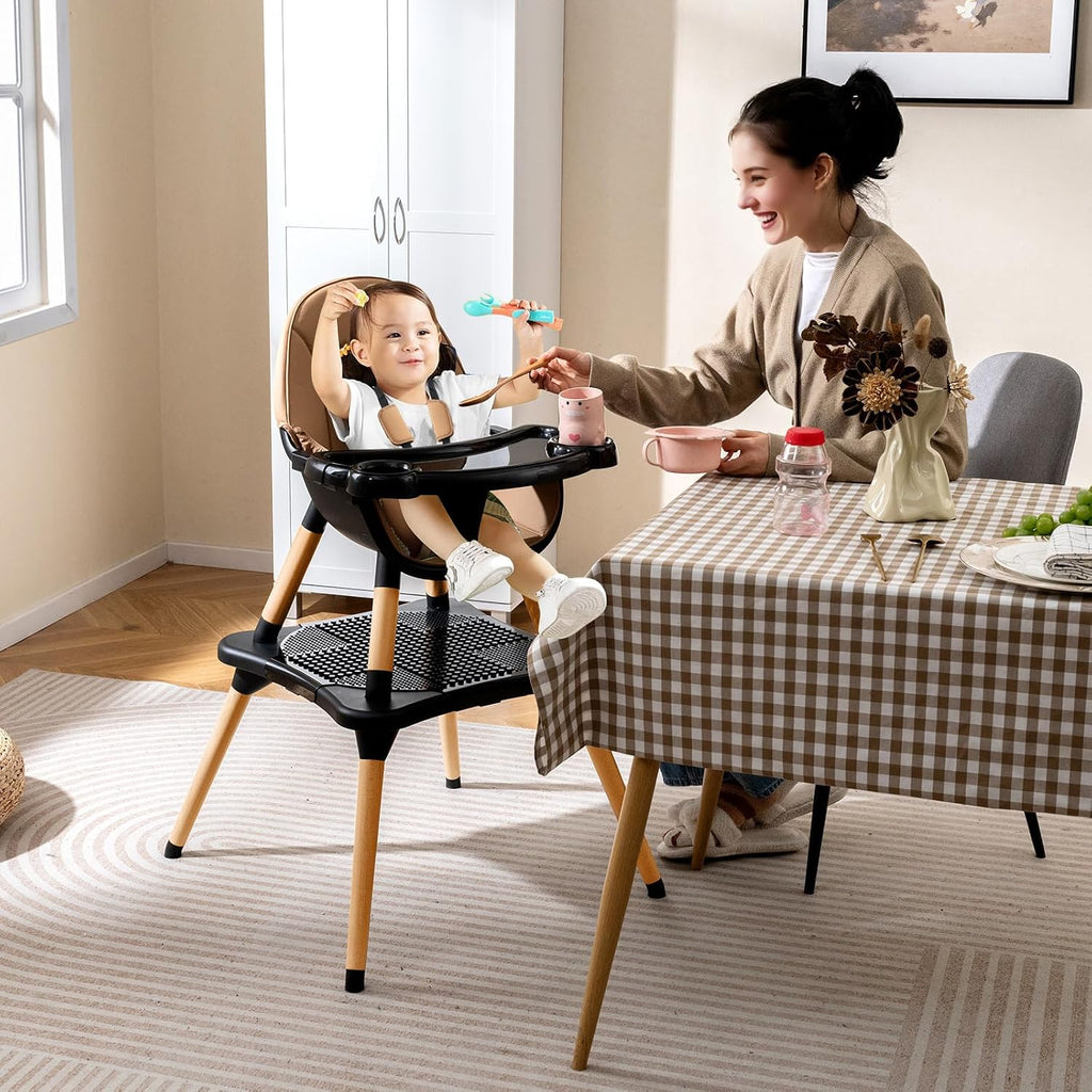 High Chair, 6-in-1 Convertible Wooden High Chairs for Babies and Toddlers w/Building Block Table, 5-Point Safety
