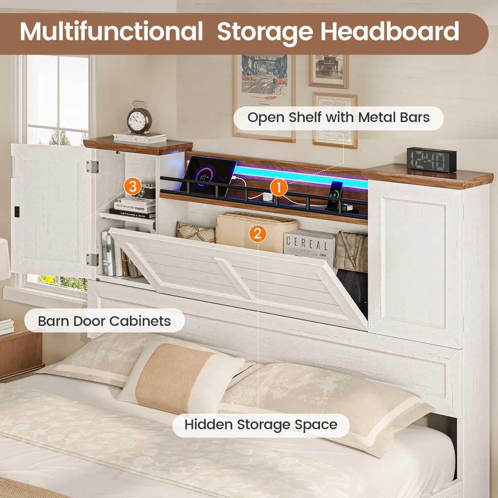 Bed Frame with Headboard and Storage Cabinets, Farmhouse Bed Frame with Charging Station and LED