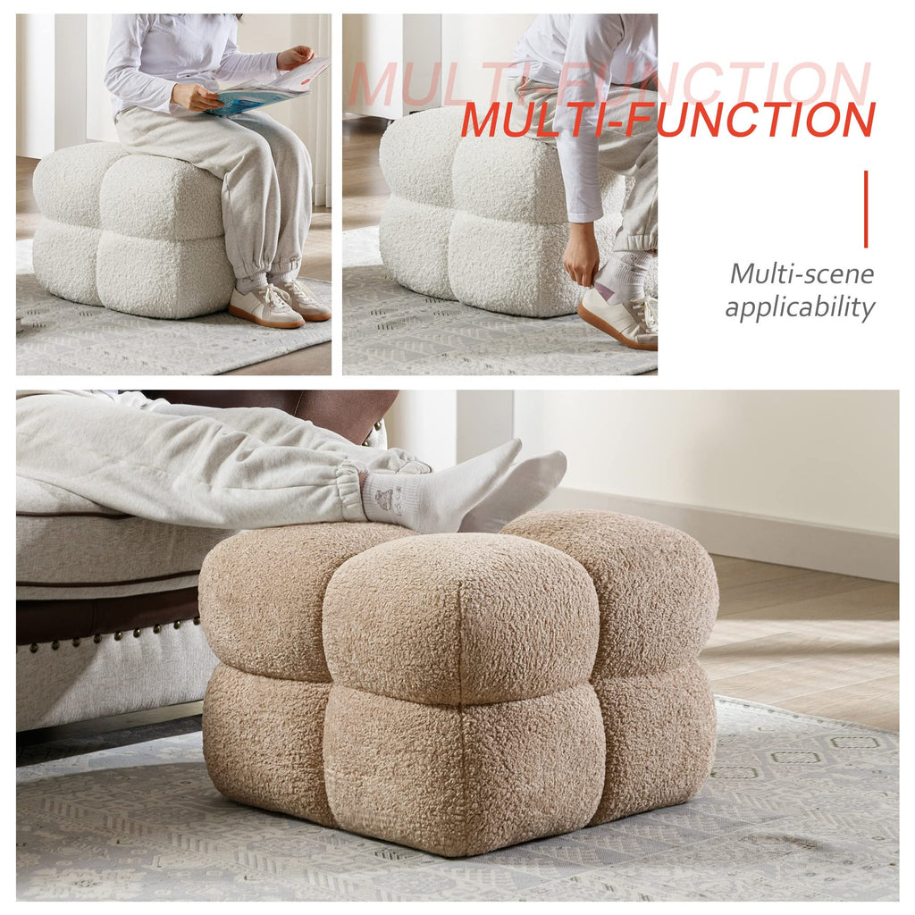 21" W Pouf Ottoman Foot Rest, Large Square Foot Stool for Couch, Upholstered Boho Ottoman with Teddy Fabric for