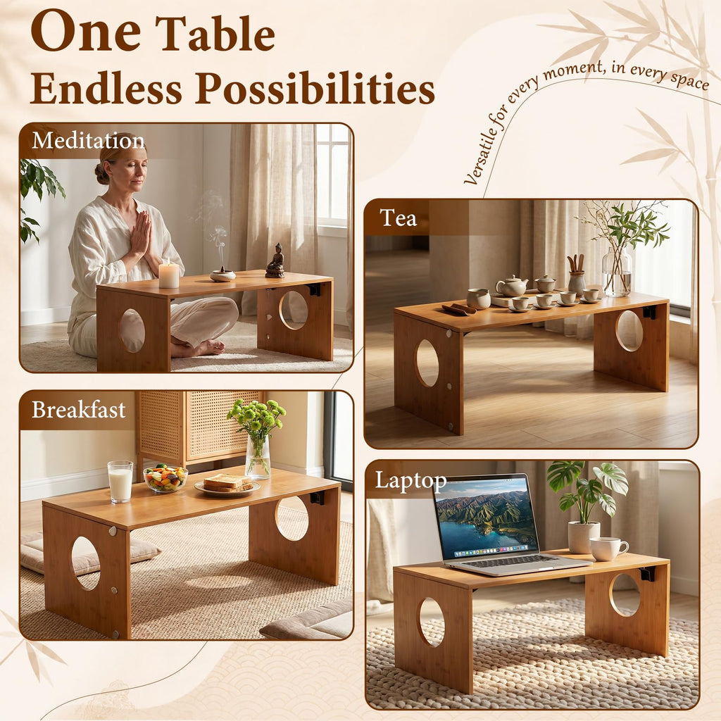 31.5" Japanese Floor Table, Foldable Bamboo Low Tea Meditation