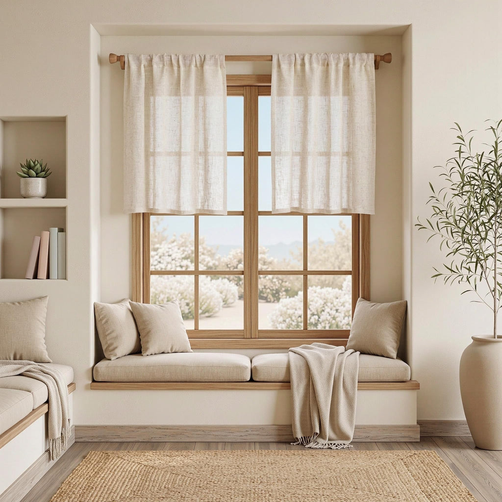 Kitchen Semi Sheer Linen Curtains 24 Inch Long, Light Filtering Window Panels Rod Pocket Valance Neutral Drapes for
