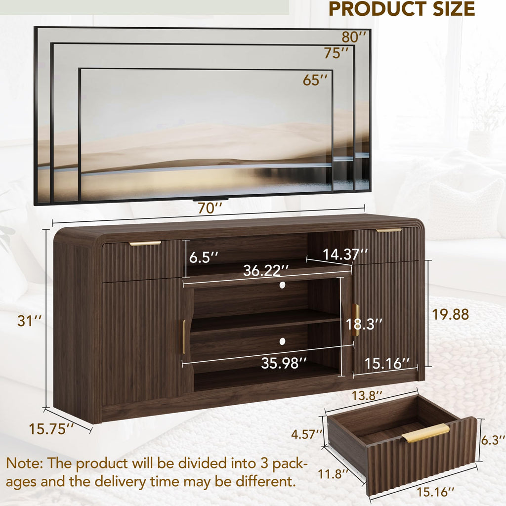 70" Fluted TV Stand with 36" Electric Fireplace, Entertainment Center for TVs Up to 80", Mid Century Modern TV Cabinet