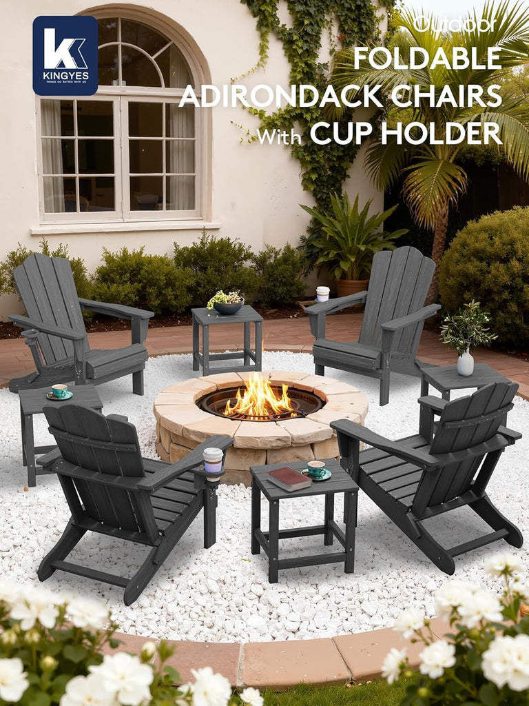 Folding Adirondack Chair with Cup Holder, Grey | HDPE All-Weather Patio Chairs, Wooden Textured Lawn Chair for