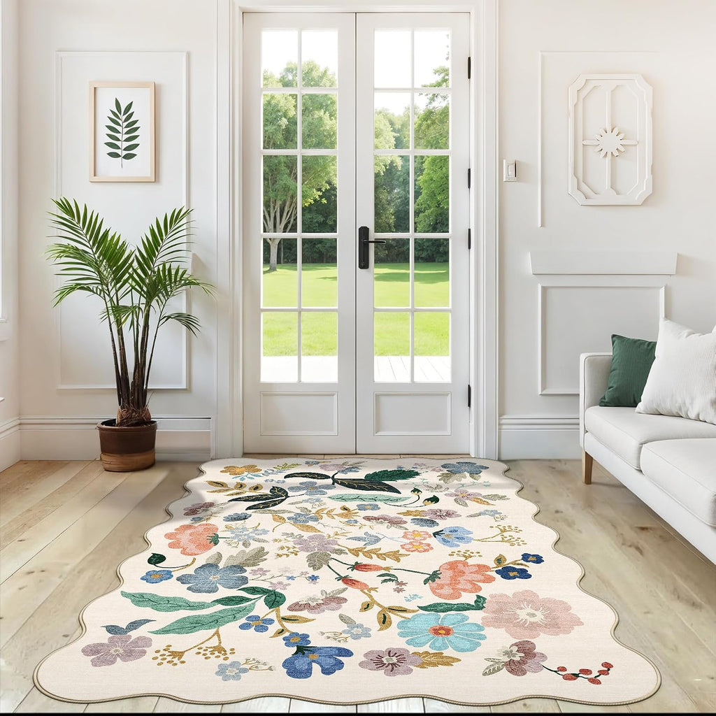 5x7 Living Room Area Rugs: Washable Floral Non-Slip Rug Dining Room Ultra Soft Carpet Kitchen Home Office Farmhouse